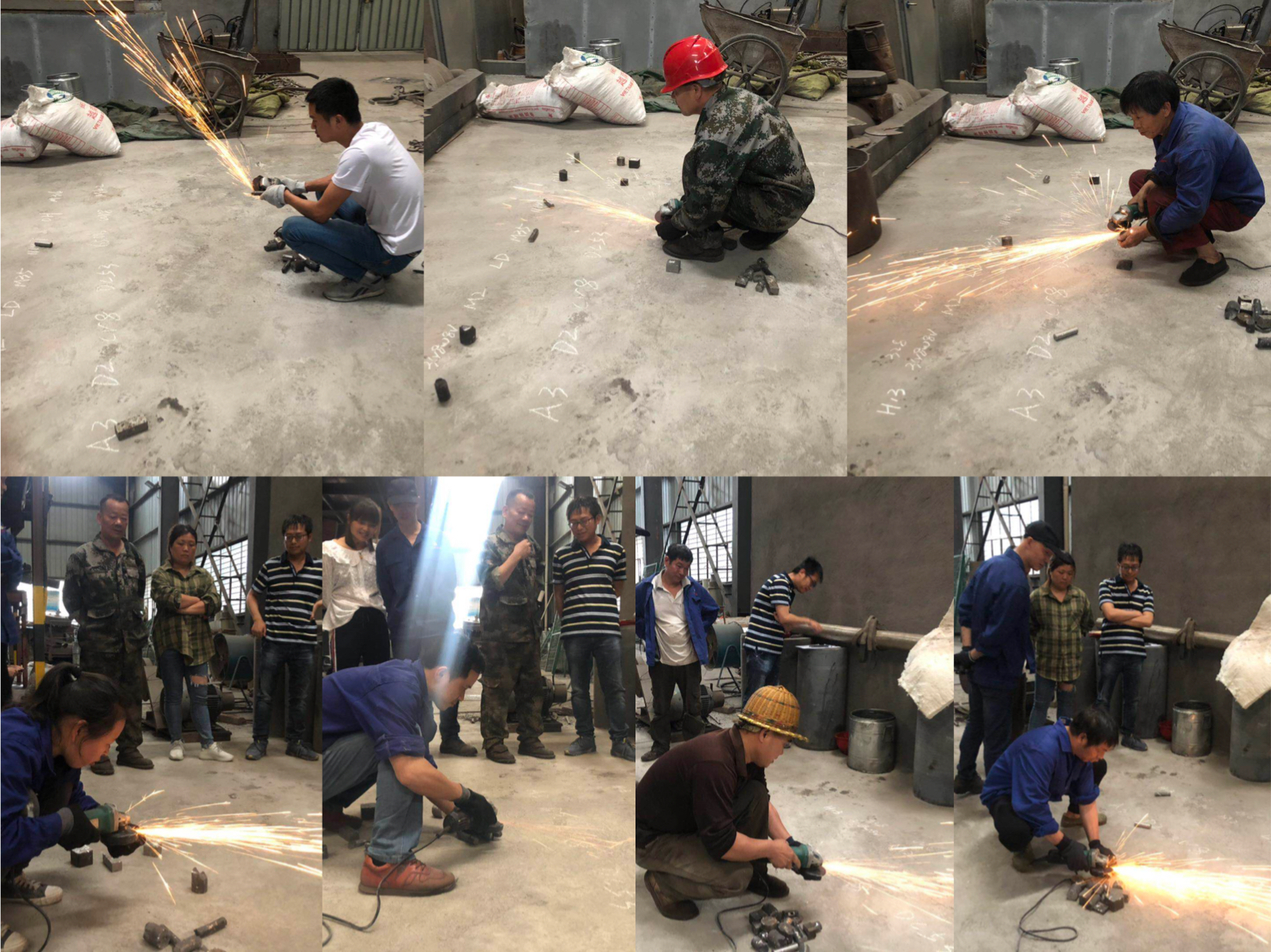 Steel Spark Identification competition Group of workers conducting metal grinding tests in an industrial workshop setting.